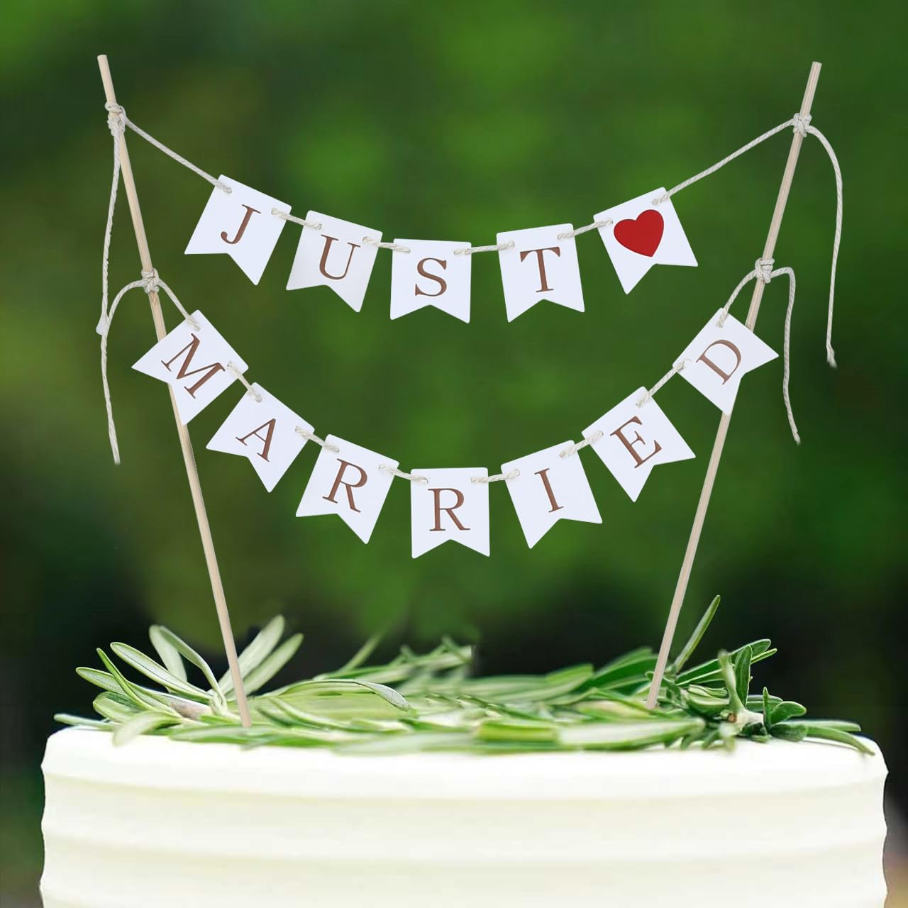 Just Married Cake Topper, Wedding Cake Banner, Handmade Paper Swallowtail Flags with Wooden sticks wedding Cake Decorations, Just Married Decoration for Anniversary, Wedding, Proposal, Bride Shower