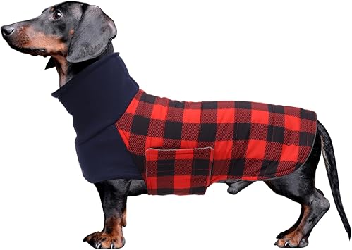 Warm Thermal Quilted Dachshund Coat,High Neckine String Holes Dachshund jacketOutdoor Dog Apparel with Adjustable Bands for Small,Medium Dog-Red-M
