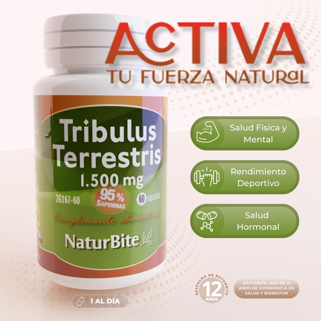 Tribulus Terrestris 1500mg en cada Cápsula 95% Saponinas 250 Cápsulas, NaturBite. Salud Masculina y Cardiovascular. Optimiza las funciones masculinas y la energía, ayudando a la recuperación muscular
