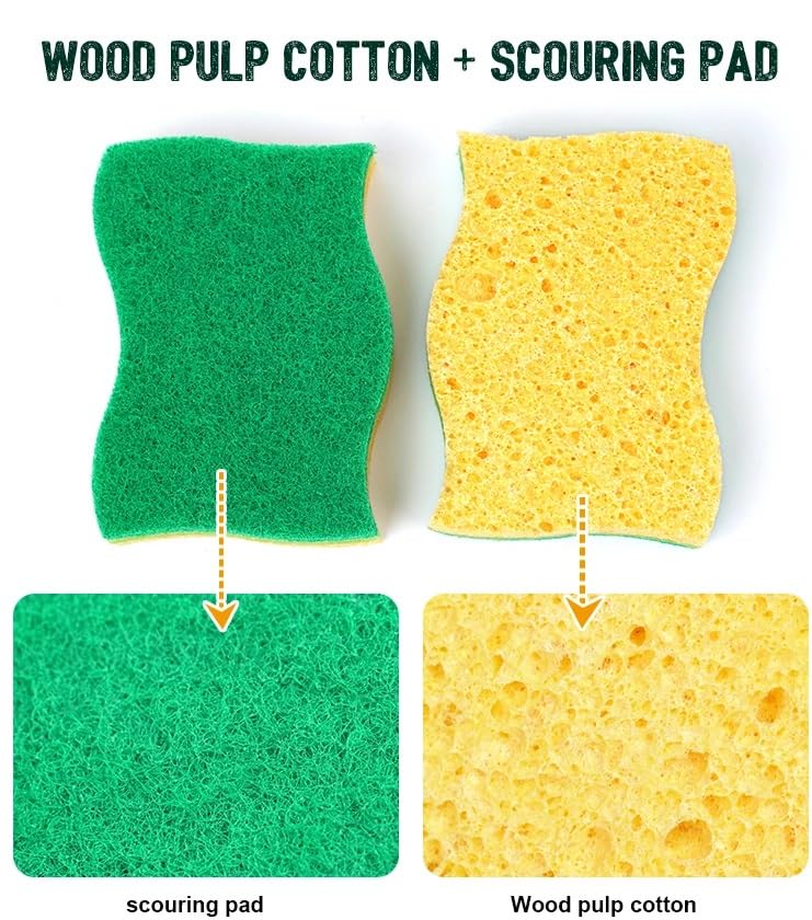 Image of Graham & Ash Co 6 Pack Natural Sponges Plant Based Wood Pulp Non Scratch Sisal Scrubber for Kitchen Bathroom and All Surfaces (6, Green & Yellow)