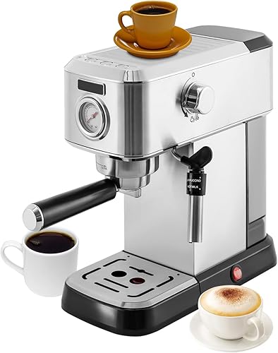 Máquina de café expreso de 15 barras con vaporizador de leche, máquina de café Home Expresso para capuchino y café con leche (plata, acero