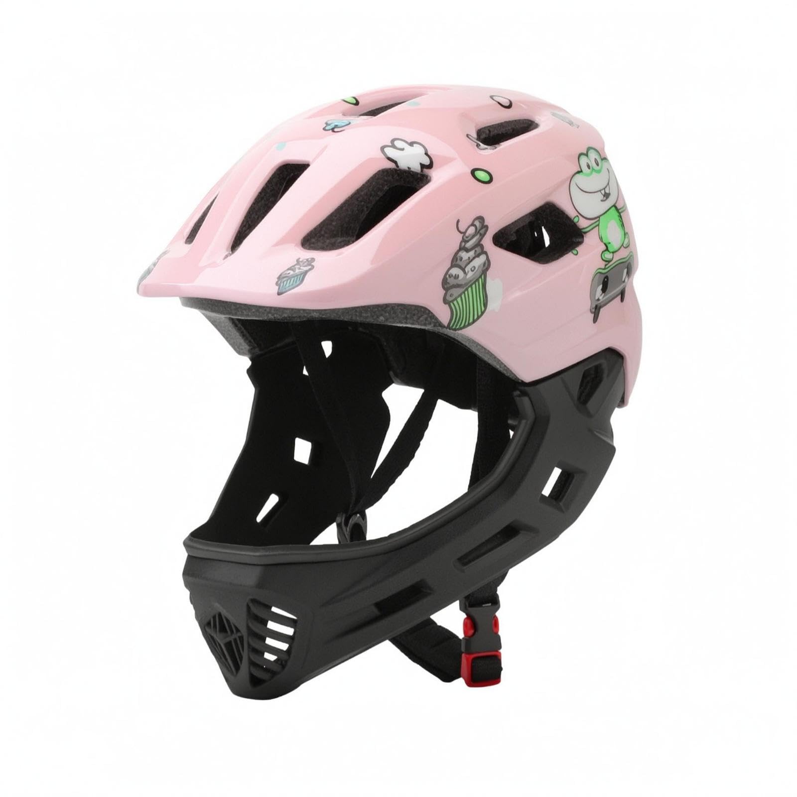 Children's Full-Coverage Helmet Cartoon Print Detachable Chin Guard Helmet Ventilated Outdoor Protection Gear Pink Frog-image-44