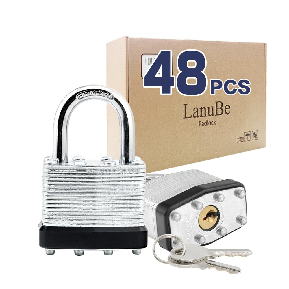 LanuBe Candado laminado con llave (1-9/16 pulgadas, 40 mm), cerraduras iguales con llave, grillete normal, aro de plástico negro marcado, paquete de 48