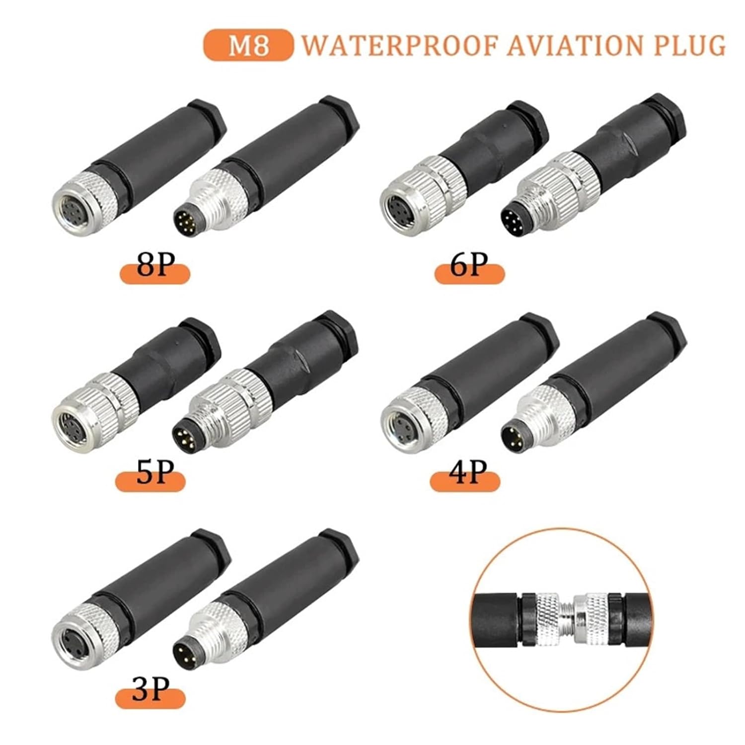 5/10Pcs M8 3/4/5/6/8Pins Sensor Connector Non-Welding IP68 Straight Male&Female Screw Threaded Coupling 3 4 Pin(M8-Male 3Pin,5 PCS)