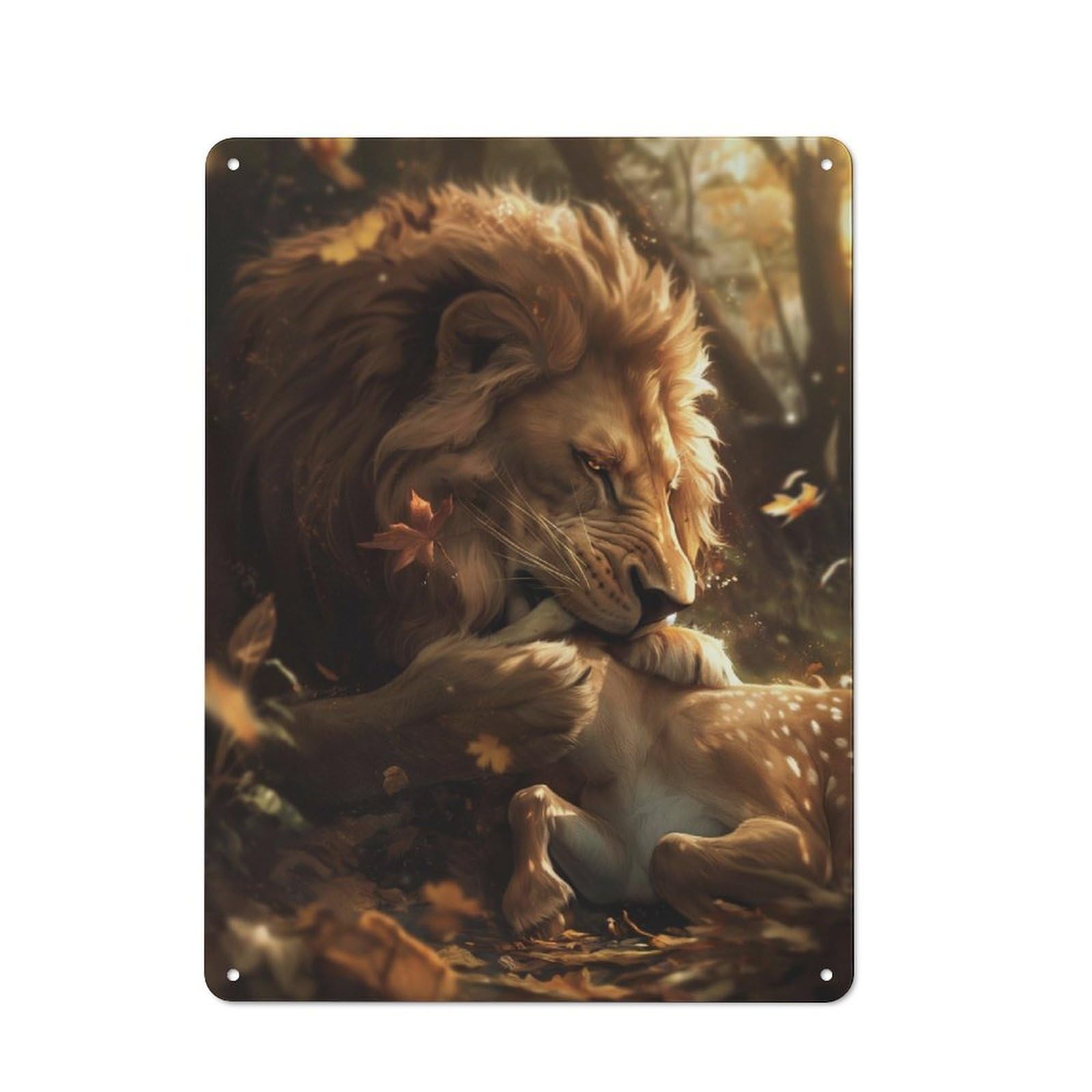 Modern Retro Metal Wall Art Sign 40x30cm Featuring Lion Deer Raw Meal Scary, Urban Room Decor for Workspace, Cafe, Hallway Or Garage