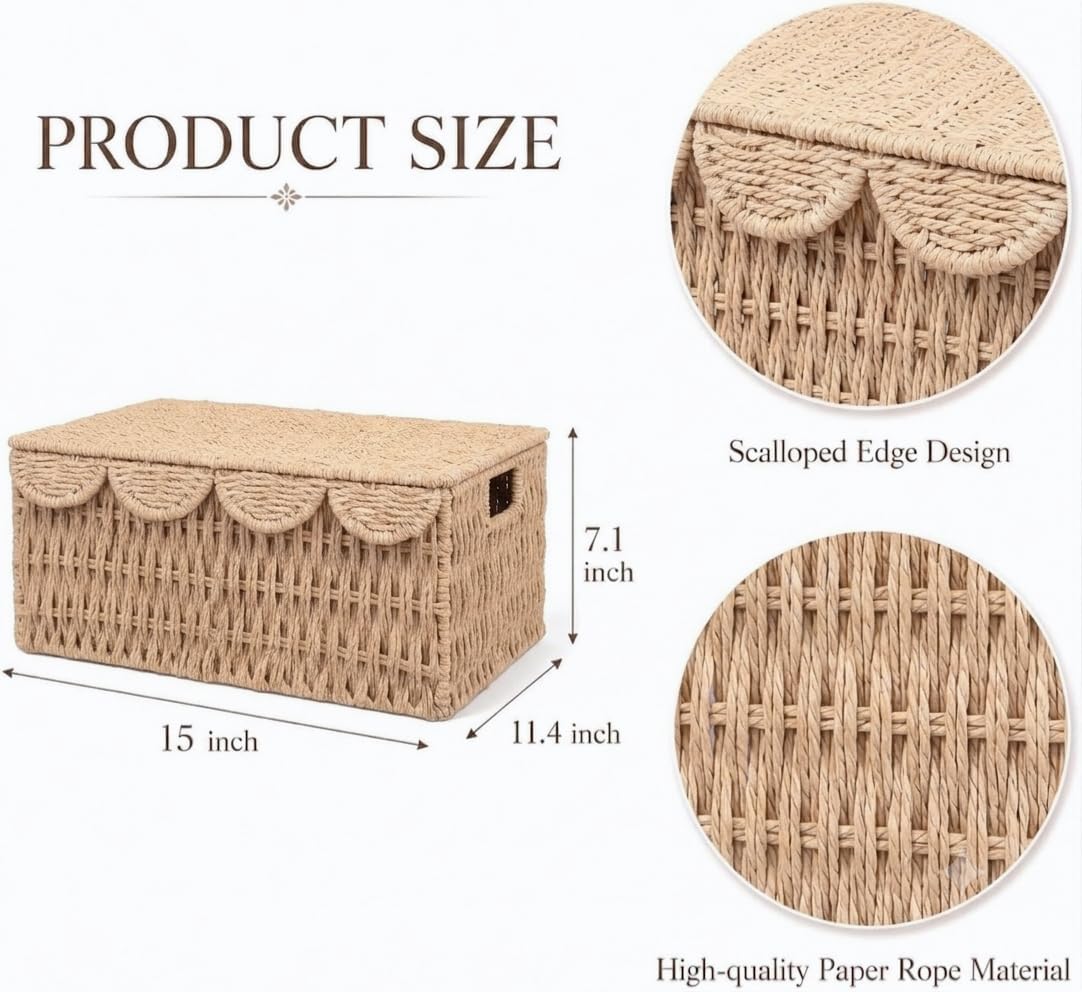 Wicker Basket with Scalloped Edge Lid, Water Hyacinth Storage Basket with Built-in Handles, Handwoven Wicker Box for Living Room, 15" L x 11 ¼" W x 7" H (Paper Rope)