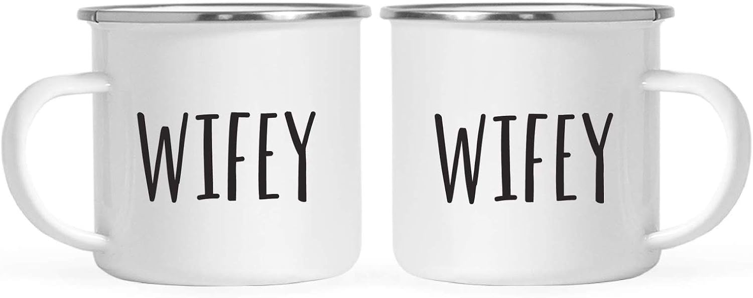 Andaz Press Lesbian Wedding Engagement Stainless Steel Campfire Coffee Mugs Gift Set, Wifey, Wifey, 2-Pack, Metal Enamel Campfire Camp Cup, includes gift box