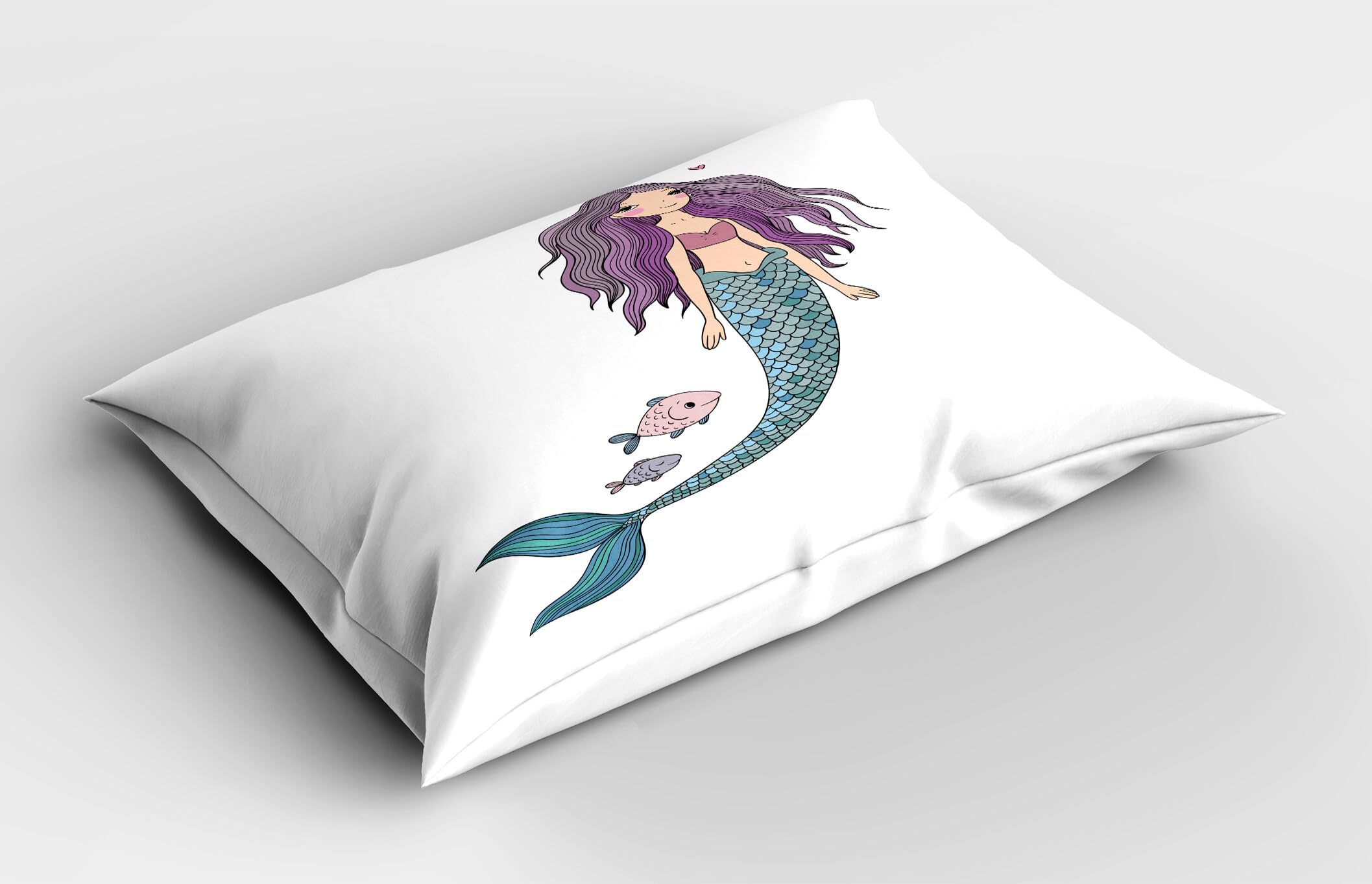 Ambesonne Fantasy Pillow Sham Set of 2, Mermaid Cartoon Wavy Hair Crown Little Pink Heart and Fish, Quality Microfiber Bedding Item for All Seasons, 26