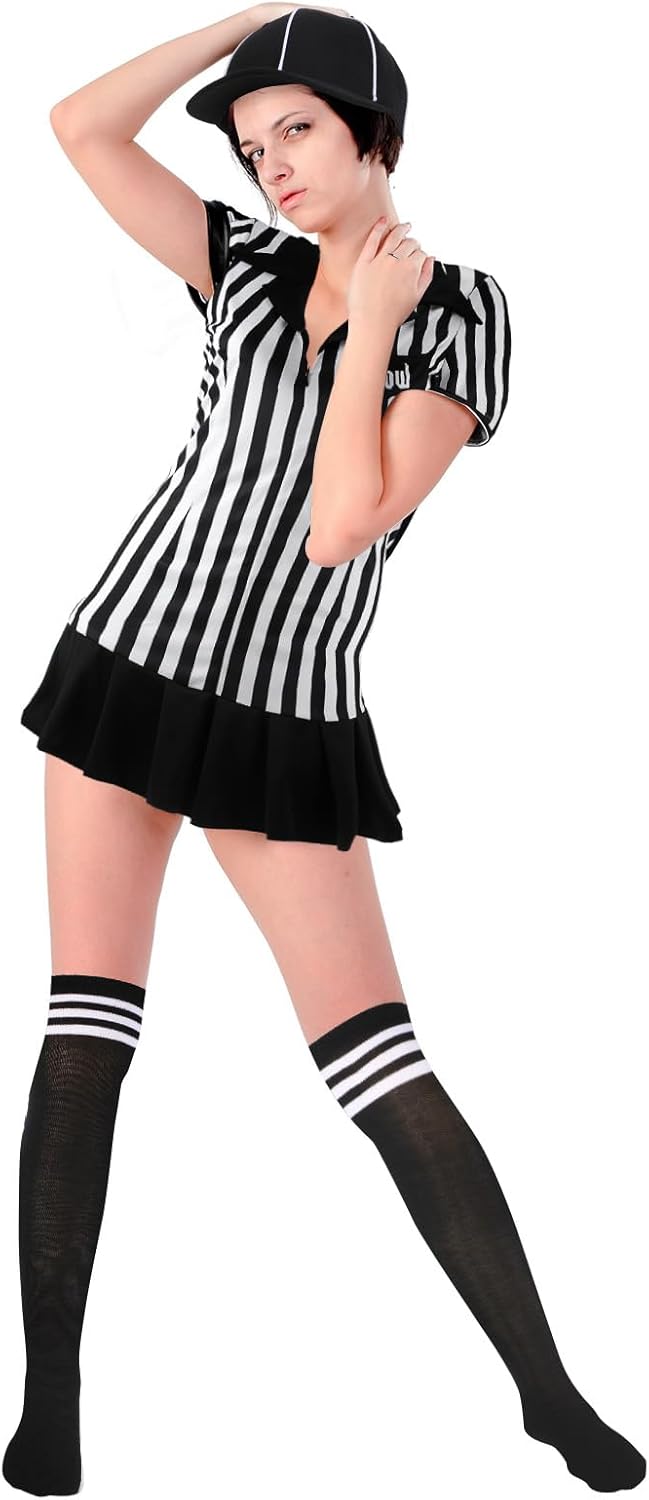 SATINIOR 5 Pcs Women Referee Costume Set Umpire Outfit Stripe Ref Shirt Hat Long Socks Whistle for Halloween Cosplay Party