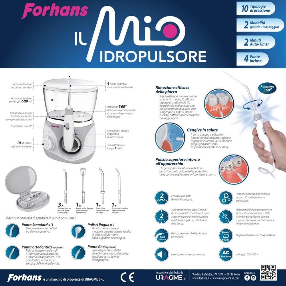Forhans Il Mio Idropulsore Famiglia, Pulizia Profonda Cavo Orale, Punte Intercambiabili, Protesi Apparecchi Ortodontici, Ideale per i Portatori di Protesi Dentali e Apparecchi Ortodontici