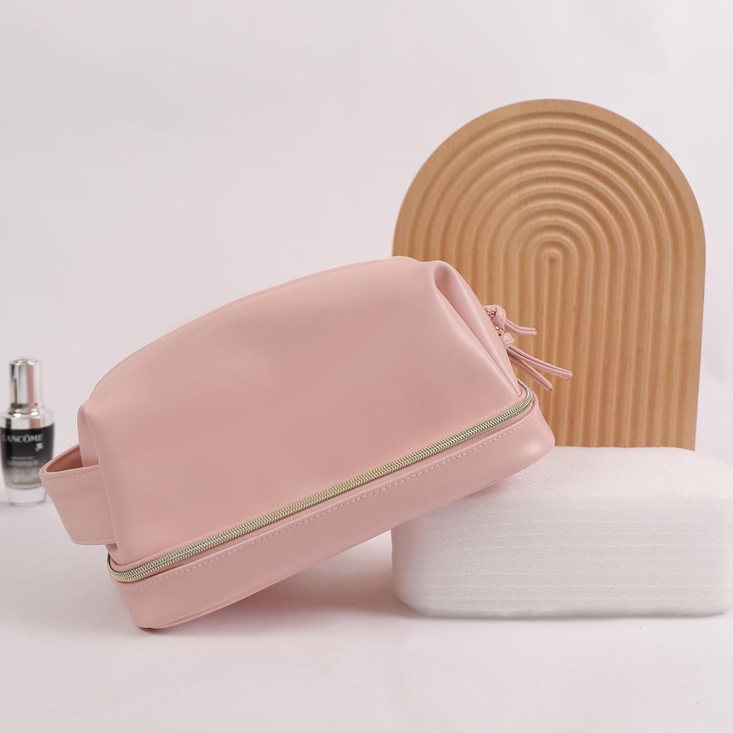 Double Layer Makeup Bag, Large Waterproof Travel Bag with Handle and Brush Compartment for Women (Light Pink)