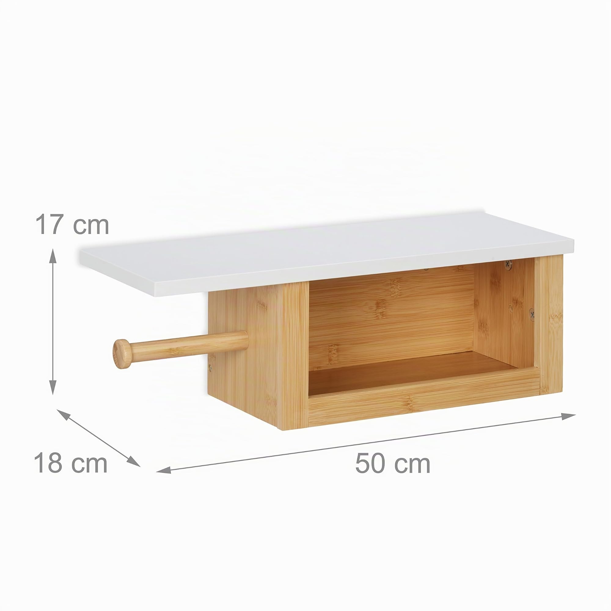 Relaxdays Portarrollos Baño Repisa, Dispensador Rollo Bambú, Compartimento Abierto, 17x50x18 cm, Pared, Natural y Blanco