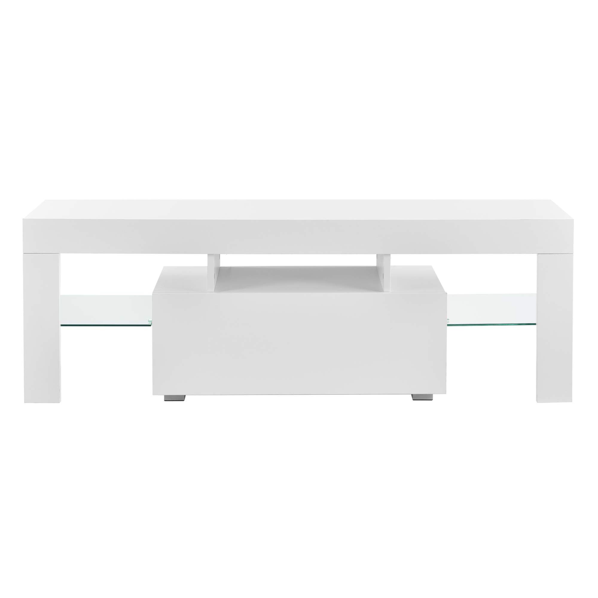 [en.casa] Mobile Porta TV con Illuminazione LED RGB con 2 Ripiani Mensole in Vetro e Scomparti Stand TV Multimediale con Luci e Cassetto 130 x 35 x 45 cm - Bianco