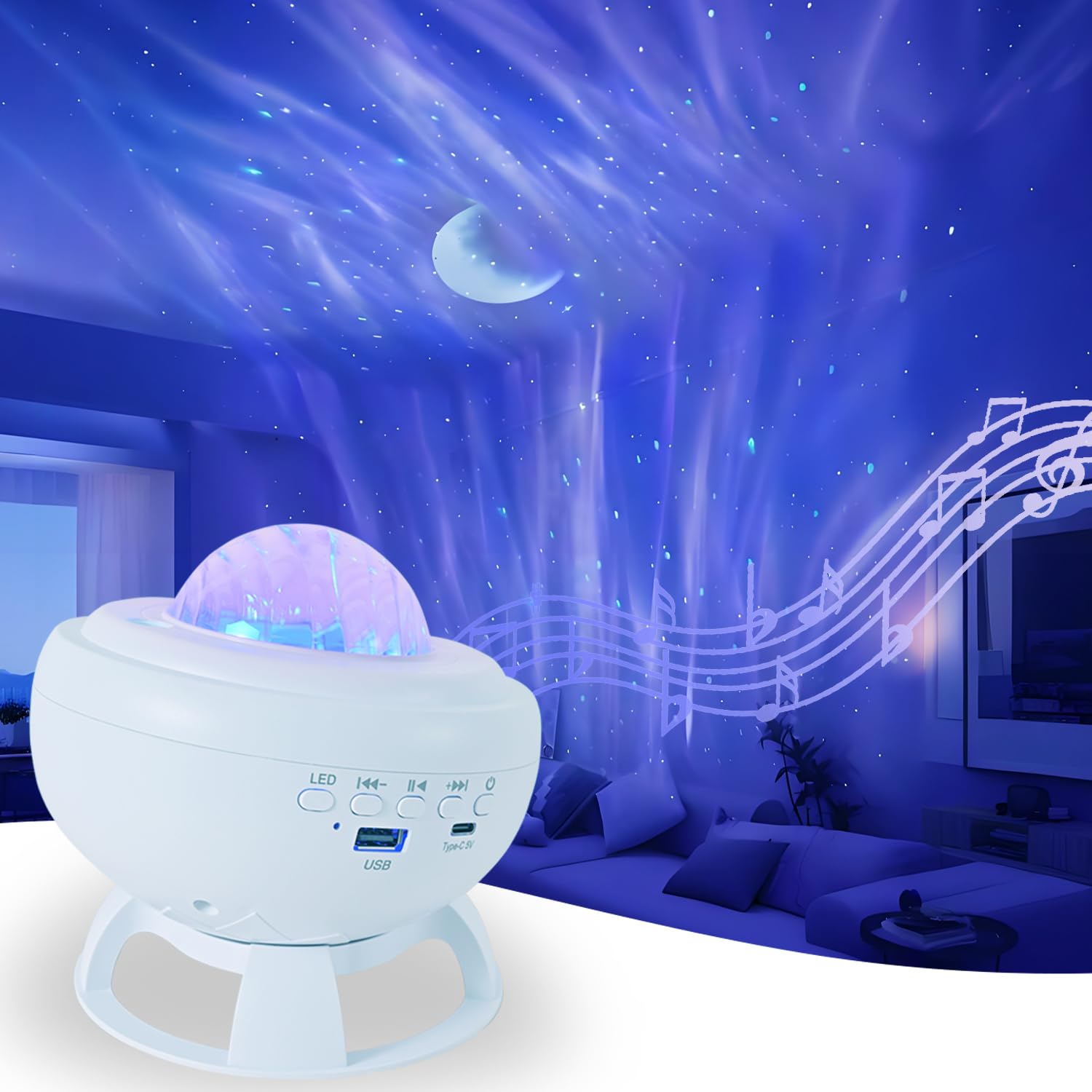 Proyector de Estrellas, 8 Colores con Música Bluetooth, 360° Modo Proyector Galaxia con Luces LED para Habitación, Decoración de Fiestas para Niños y Adultos, Blanco