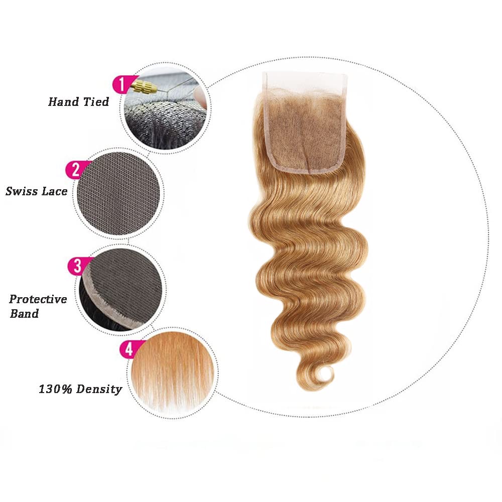 #27 Human Hair Closure Honey Blonde Body Wave Pre Plucked With BabyHair 4x4 Transparent Lace 16 Inch Free Part Bleached Konts Raw Remy Human Hair - Image 4