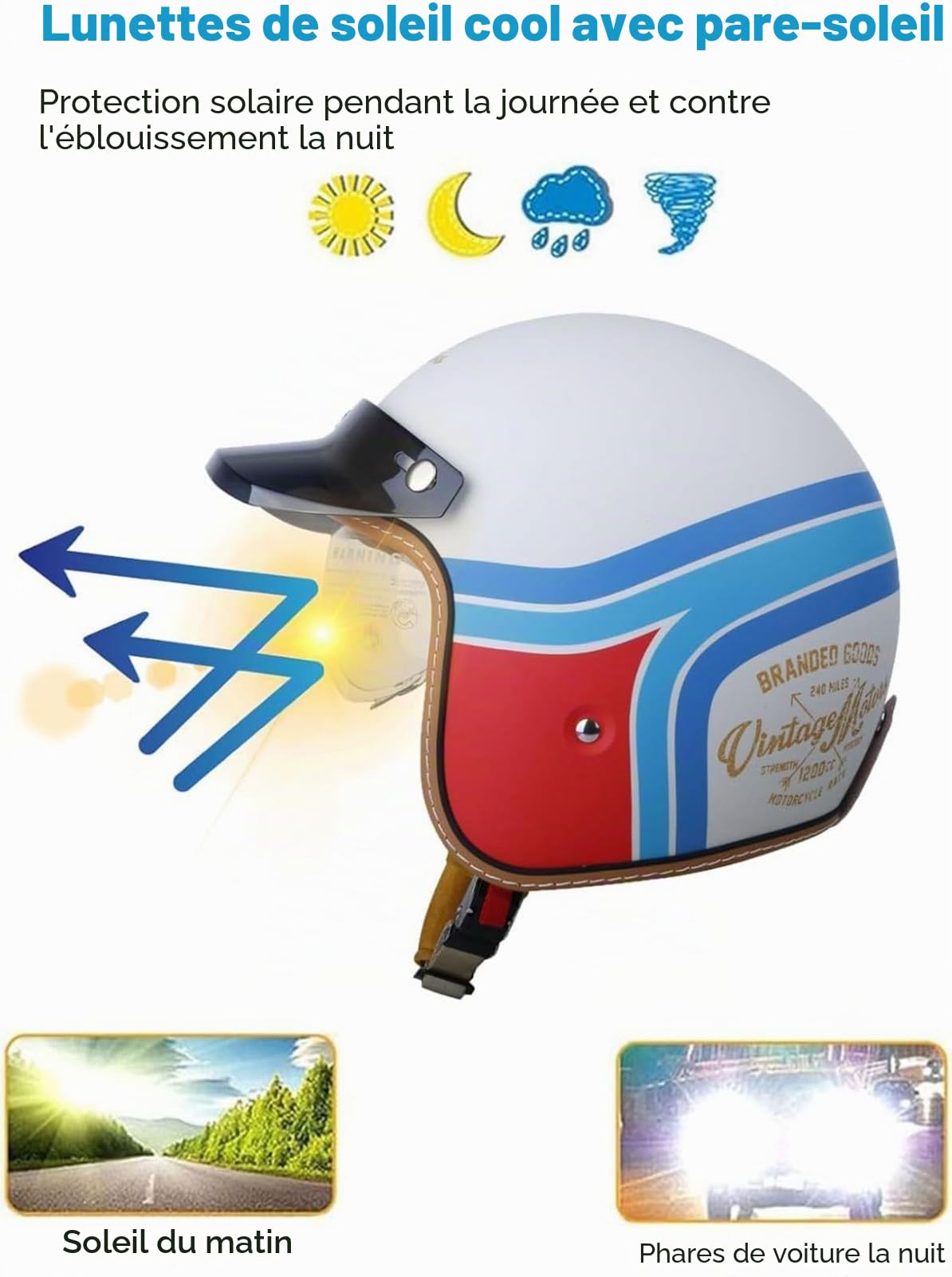 Casque Moto Vintage Casques Jet avec Visière Casques Bols Casque Mobylette avec Lunettes Homologué Dot/ECE Rétro Demi Casque Moto Vélo Scooter Chopper pour Adultes Homme Et Femme
