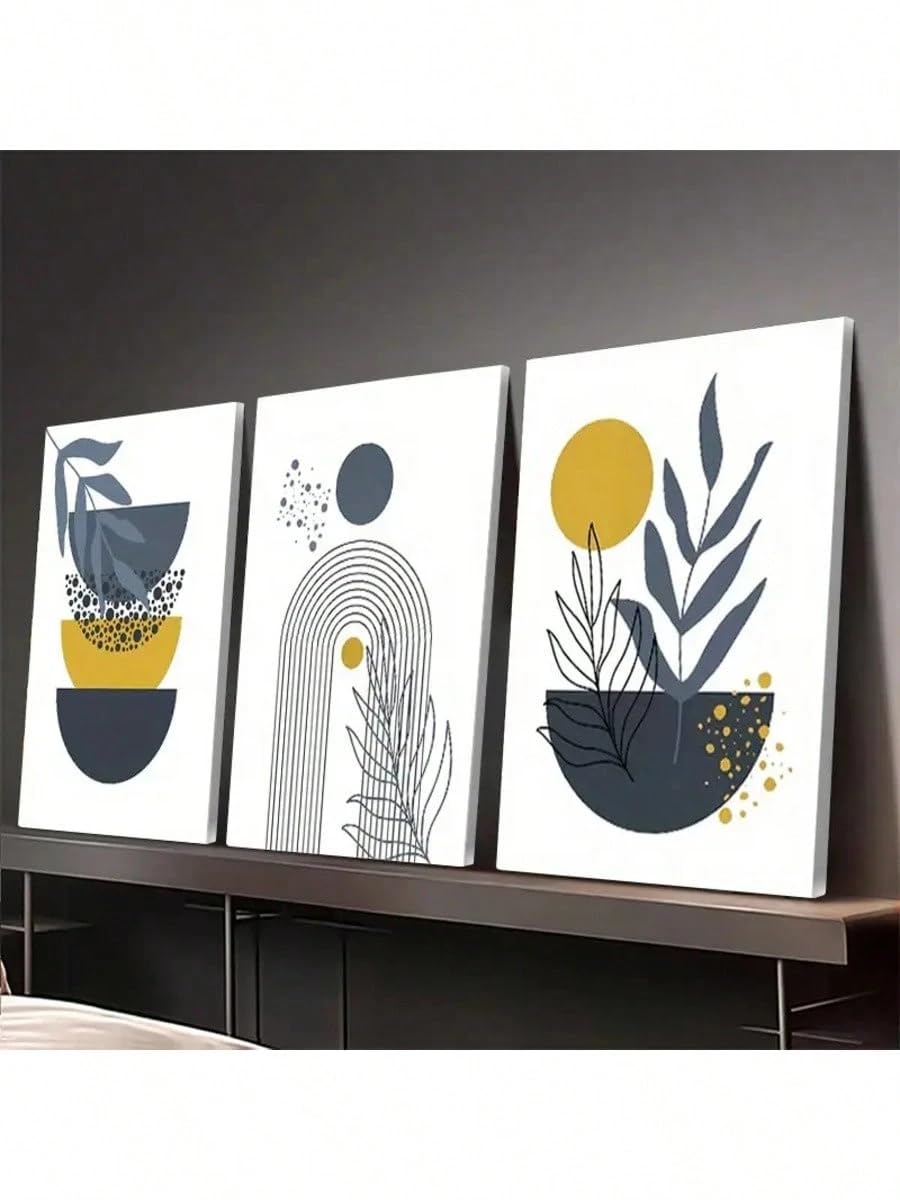 lianyibo 3-częściowy obraz ścienny z artystycznymi liniami tęczy na płótnie, musztardowy żółty i granatowy na białym tle, druk plakatowy, dekoracja domu (50 x 75 cm x 3/bez ramki)