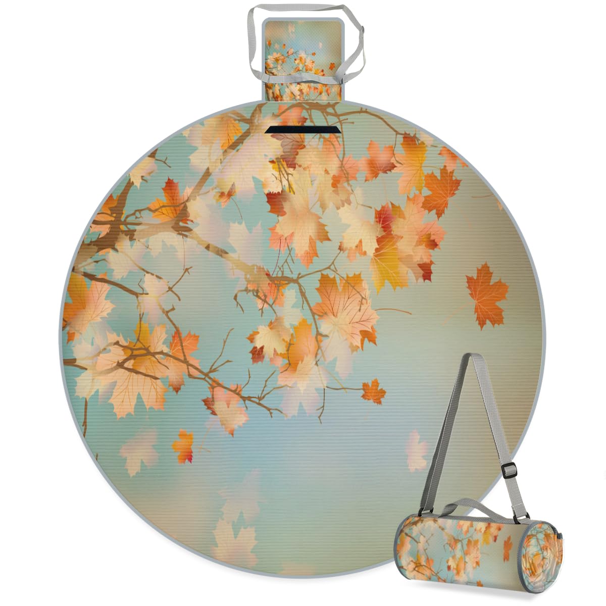 Shimoshe Thanksgiving Autumn Maple Leaves Picnic Outdoor Blanket Foldable Waterproof Sandproof Beach Blanket Portable Water-Resistant Round Picnic Mat for Travel Camping Park Lawn