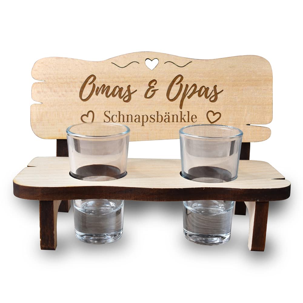 Schnapsbank mit Gravur für Oma & Opa - Motiv Schnapsbänkle - Holzbank mit 2 Schnapsgläser - nachhaltig und robust - Großeltern, Grandparents - Geschenk für Geburtstag, Weihnachten, Jubiläum