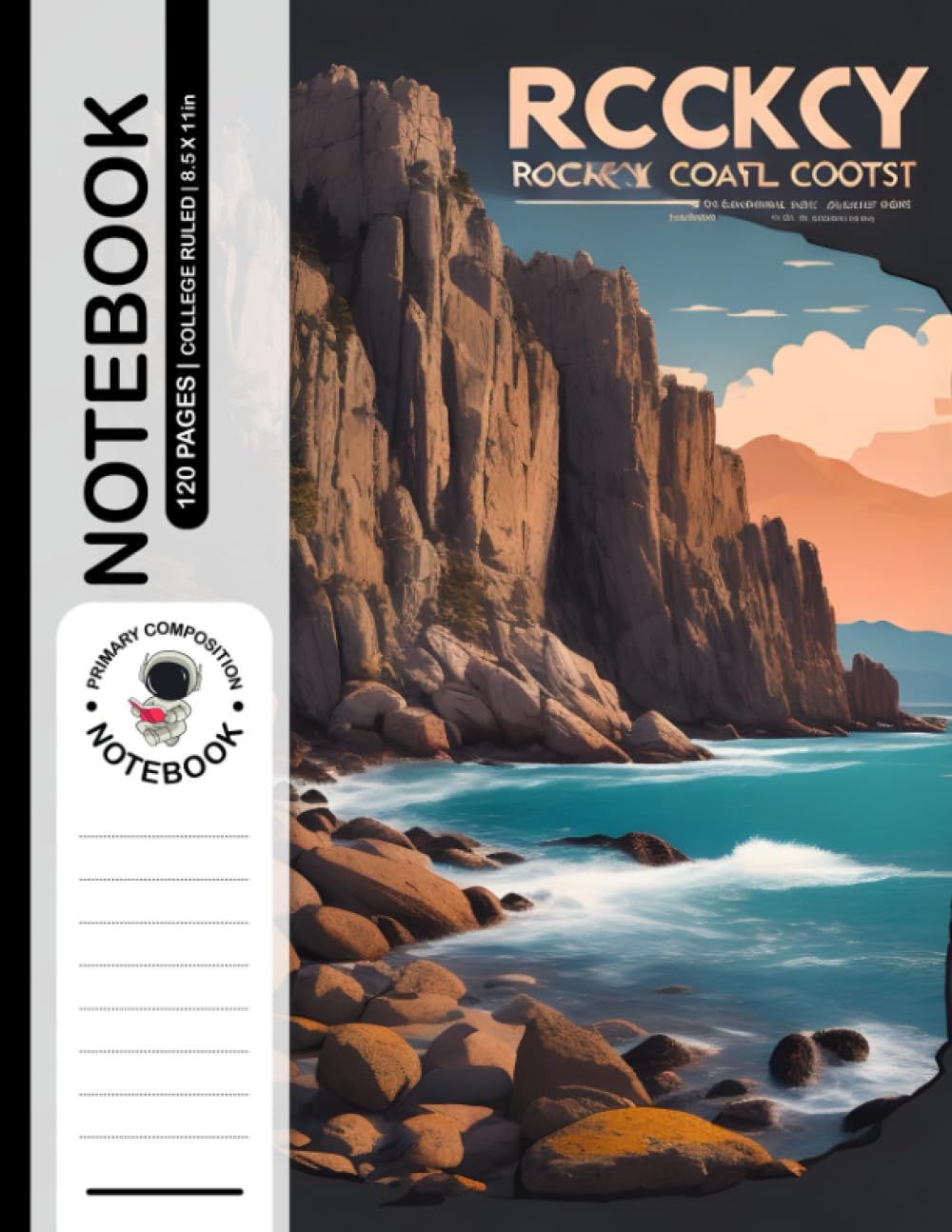 Composition Notebook College Ruled: Rocky Coast National Park Design, Classic Highly Detailed Clean Vector Image, Vibrant T-Shirt Graphic Design, Size 8.5x11 Inches