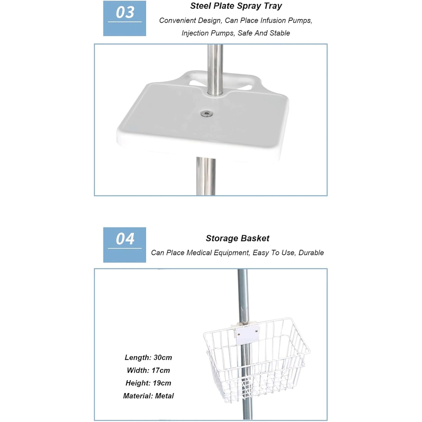EYPKPL Supporto for flebo da Pavimento con Ruote, in Acciaio Inox, con Vassoio e Cestino portaoggetti, for Assistenza domiciliare, ospedali, cliniche