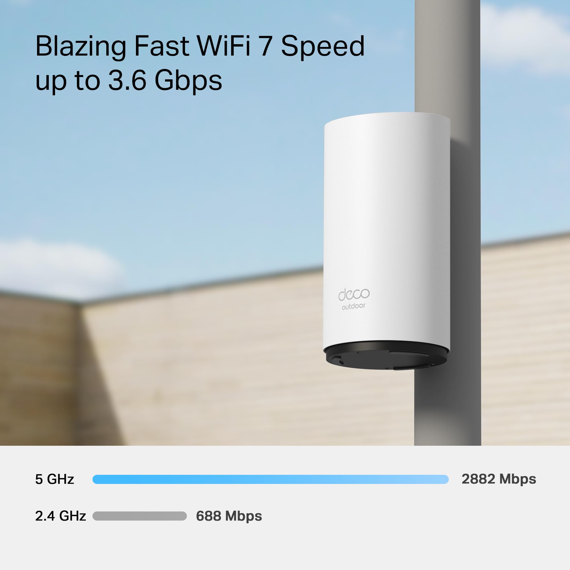 TP-Link Wi-Fi 7 Deco BE25-Outdoor Mesh WiFi BE3600Mbps, punkt dostępowy zewnętrzny, dwuzakresowy, 2 porty 2,5Gbps, IP65, 4 anteny wewnętrzne, odporność na kurz/wodę, montaż na słupie/ścianie