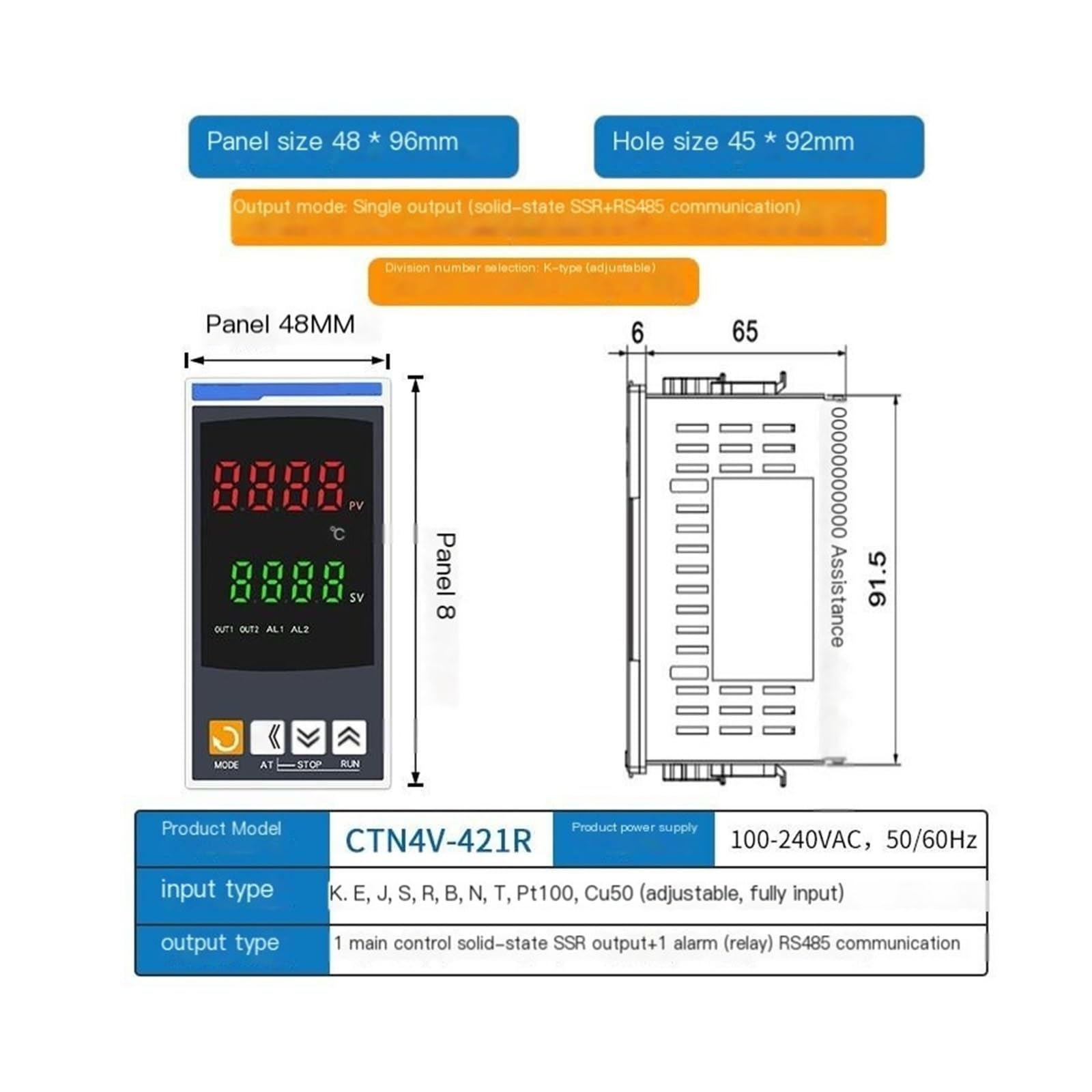 Regolatore di temperatura digitale a uscita singola con display PID, pannello 48*96 (uscita a stato solido + 1 canale di allarme) + RS485