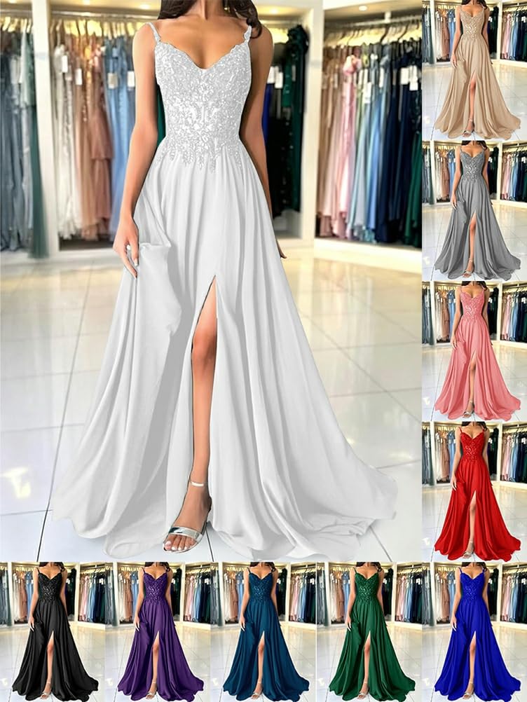 shownicer Abito Cerimonia Donna Vestito Lunghi Eleganti Matrimonio Abito da Sera in Chiffon Vita Alta Scollo A V Abiti in Pizzo Vestiti con Spacco
