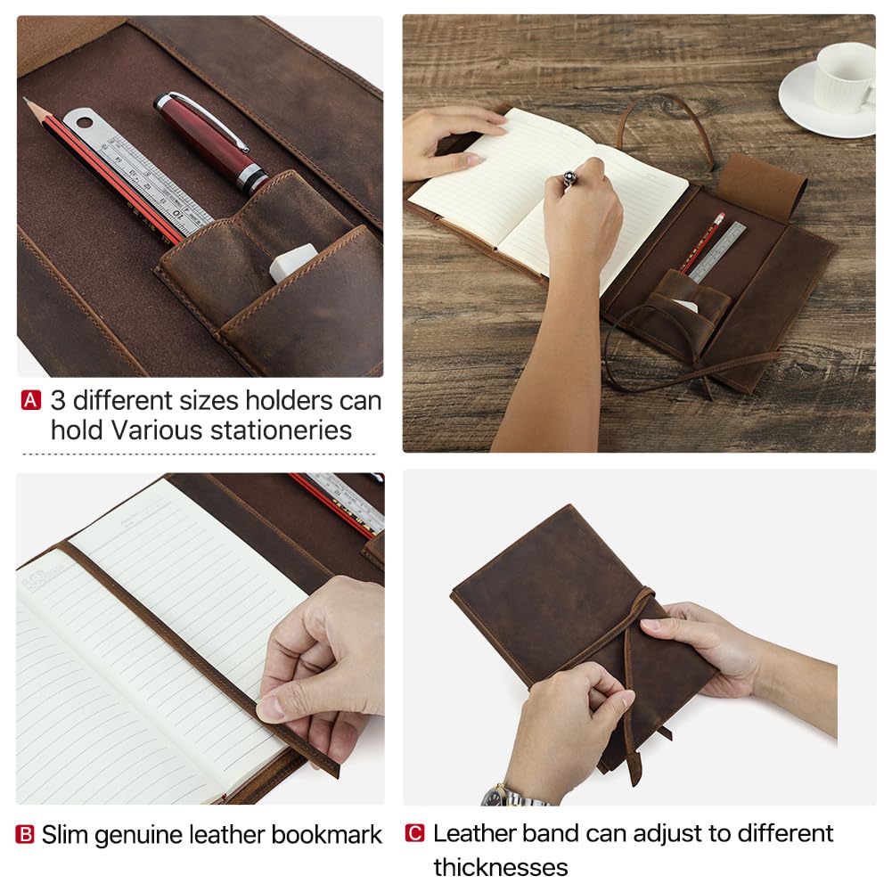 Hiram Funda de cuero para cuaderno A5 de piel genuina con ranura para bolígrafo y banda de encuadernación de cuero Funda protectora para bloc de notas