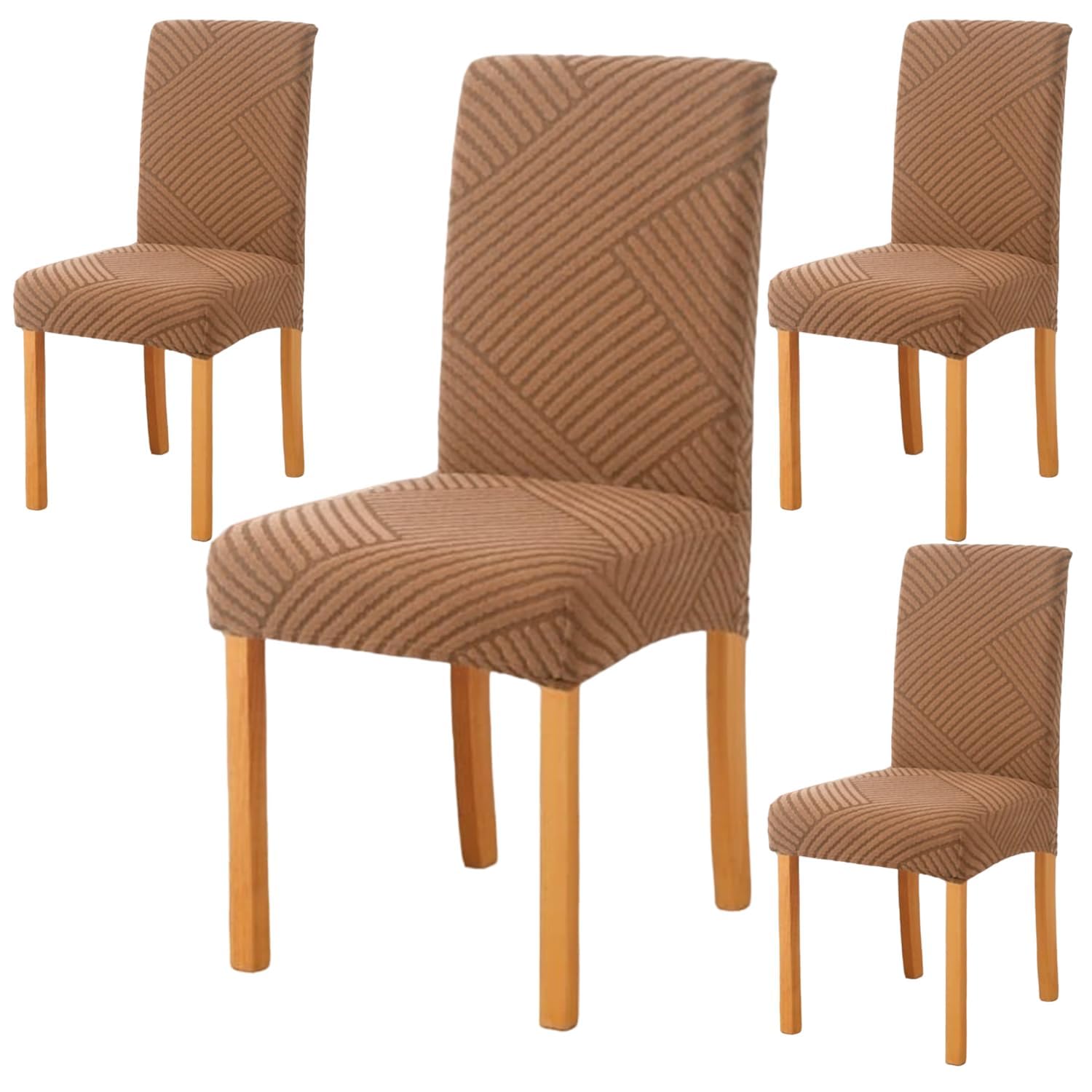 Zollyss Jacquard Dining Chair Cover, Geometric Pattern, Stretch Removable Washable Slipcover Protector (Brown, 4 Pcs)-image-12