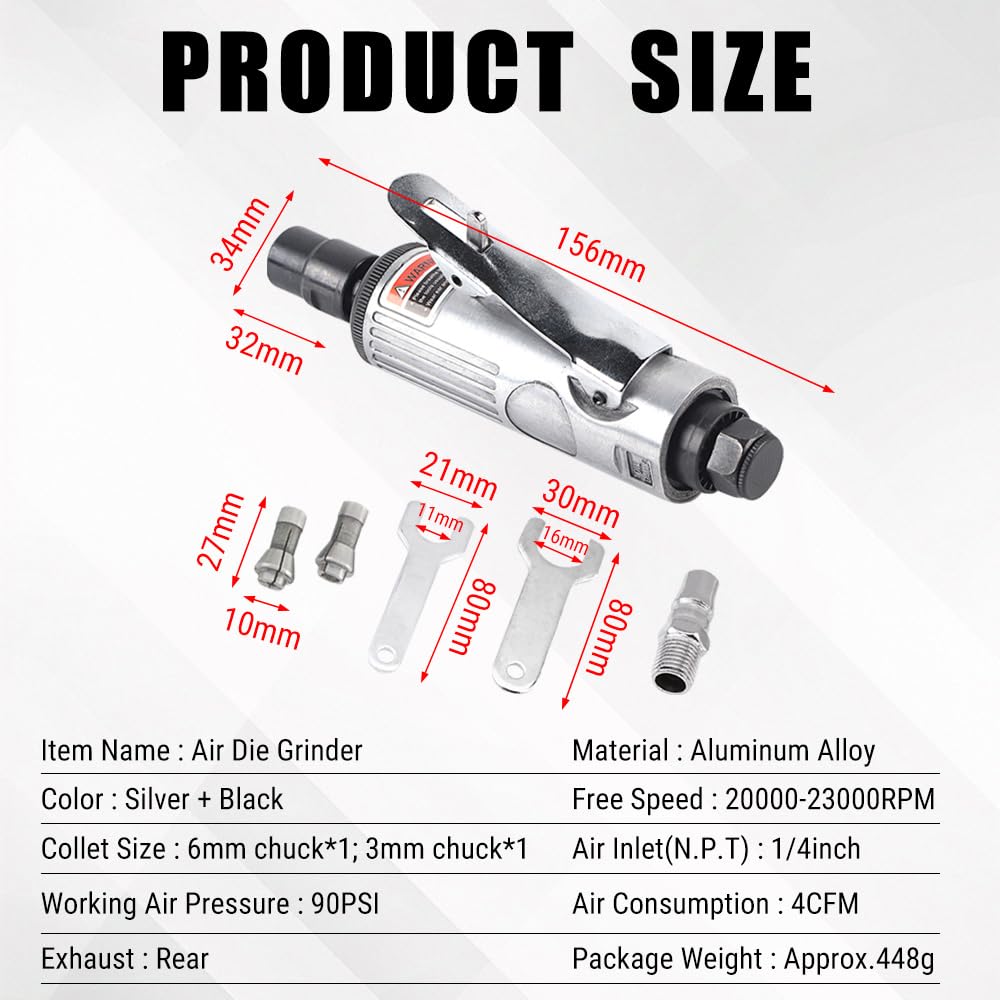 Uadme Air Die Grinder, 1/4Inch Pneumatic Air Die Grinder, Grinding Kit Polishing Engraving Tool 90PSI, Silver and Black - Image 3