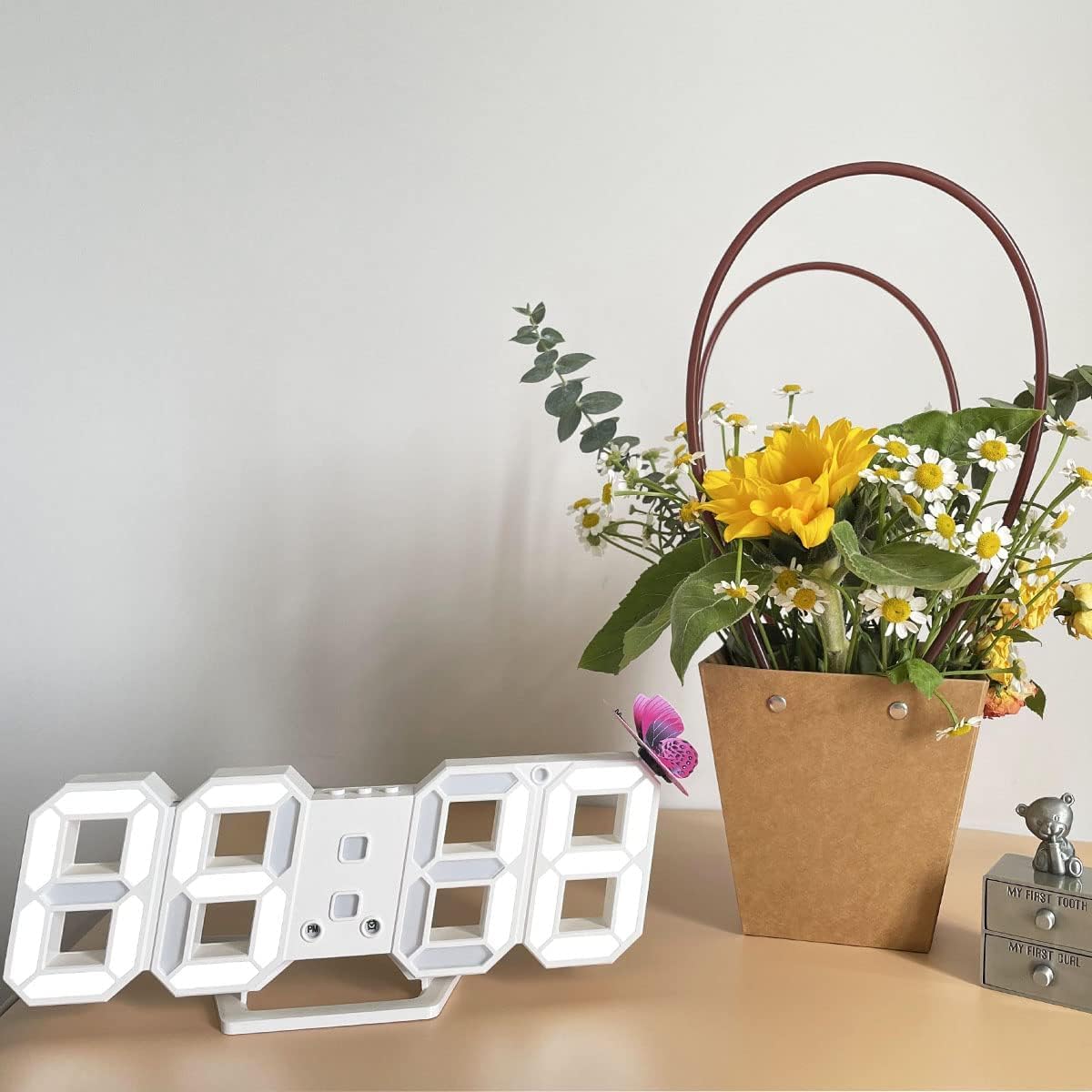 Toshionics 3D Digital Alarm Clock, Wall LED Number Time Alarm Clock with 3 Auto Adjust Brightness, 12/24 Hour Date Temperature Night Light Clock for Home Bedroom Office (White)