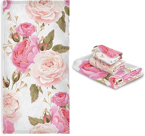 Juego de 3 toallas de baño, suaves y altamente absorbentes, hermosas toallas de baño florales rosas con estampado de rosas rosas (juego de 3, 1