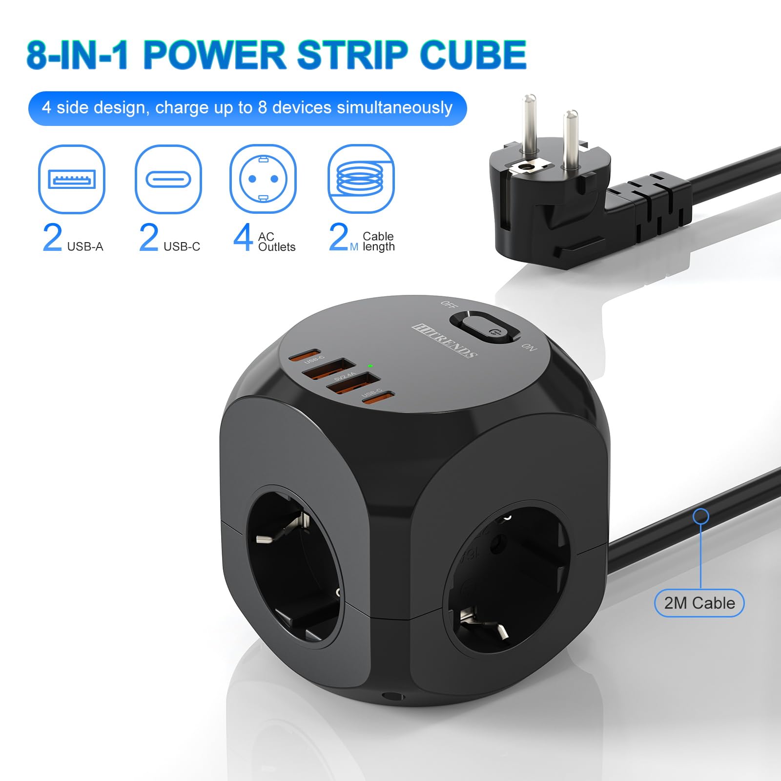 Prise de table 8 en 1 avec cube USB, cube de prise avec câble de 2 m