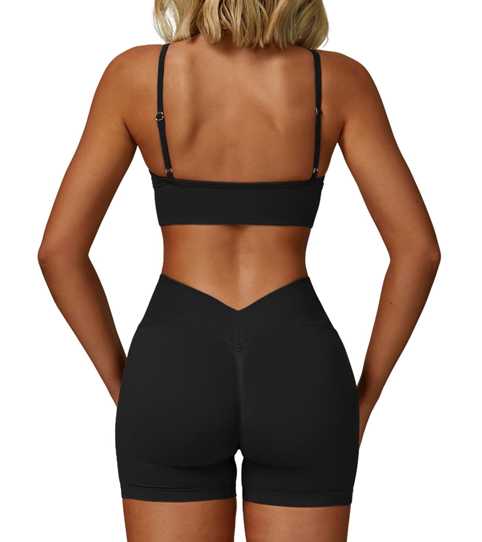 Conjunto Deportivo Mujer Gimnasio Yoga Tirantes Fitness Ropa Escote V Espalda Descubierta Sujetador Pantalones Cortos Fruncido Sin Costuras