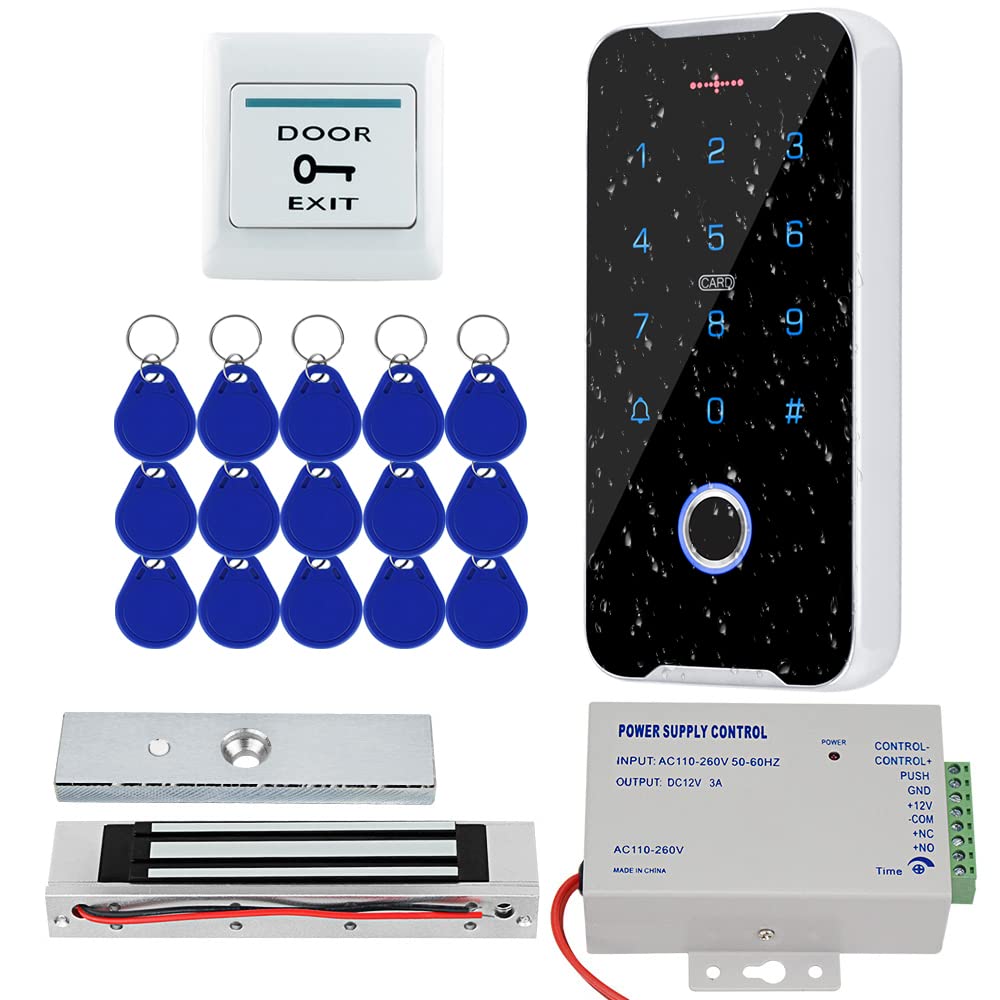 KUMU IP68 Wasserdichtes Outdoor-System 13,56 MHz NFC-Zugriffskontrolltastatur + DC12V-Netzteil + Schloss + Türausgangstaste + 15 Stück IC-Schlüssel (Kit1)