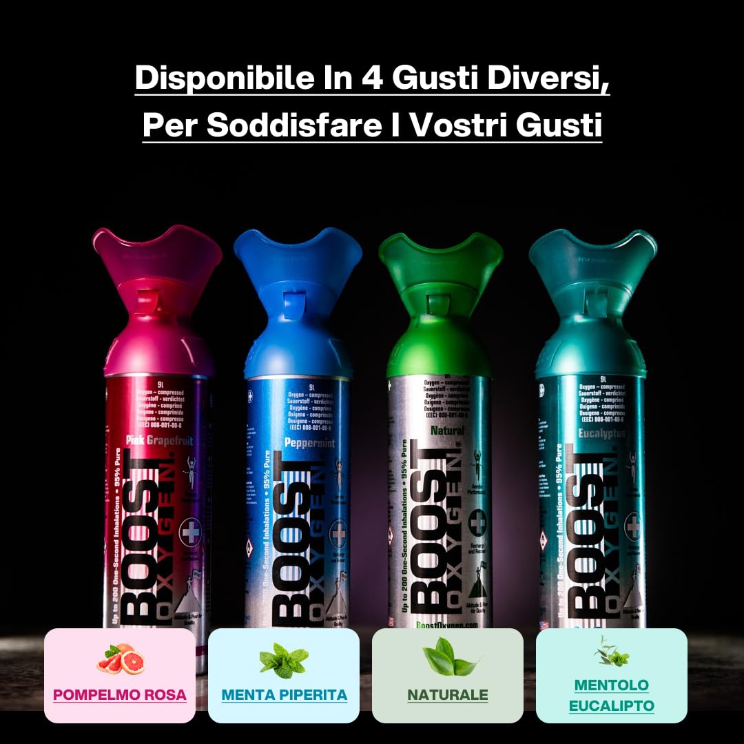 Boost Oxygen Eucalipto 9L (8 Pack) | Bomboletta di Ossigeno Puro al 95% Portatile per Recupero, Concentrazione e Energia