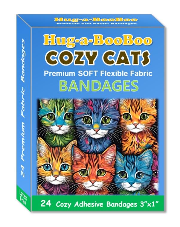Cozy Cats Soft and Comfy Flexible Fabric Bandages from Hug-a-BooBoo. Latex Free Super Fun and Colorful Cat Bandages. Great Cat Lover Gift! 24 Ct Box