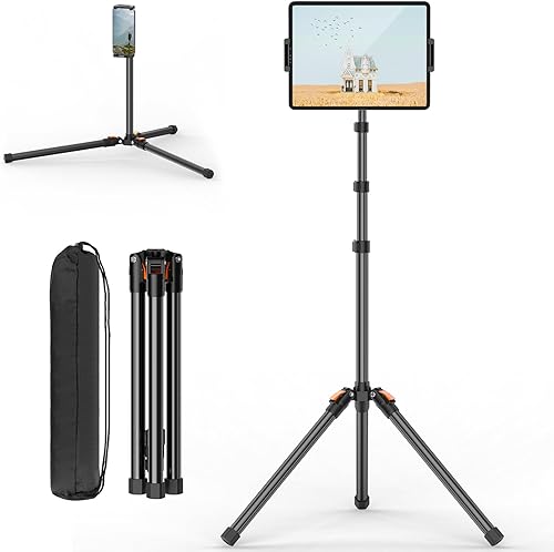 XXZU Trípode de pie para tablet de 72 pulgadas, soporte para tablet con cabeza de bola de 360, soporte de piso ajustable en altura con funda,