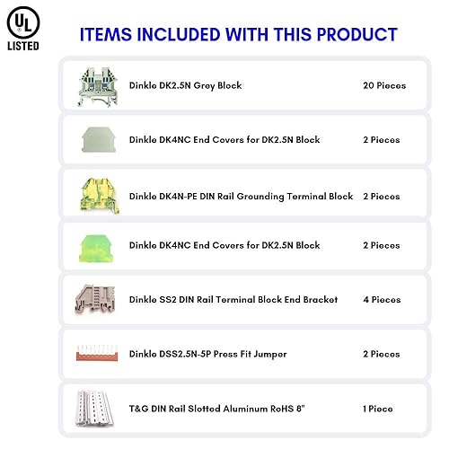 Miniatura 3 de Bloques de terminales de riel DIN en gris Kit por International Connector 20 Dinkle DK2.5N calibre 12 AWG 20A 600V calibre base DK4N-PE puente