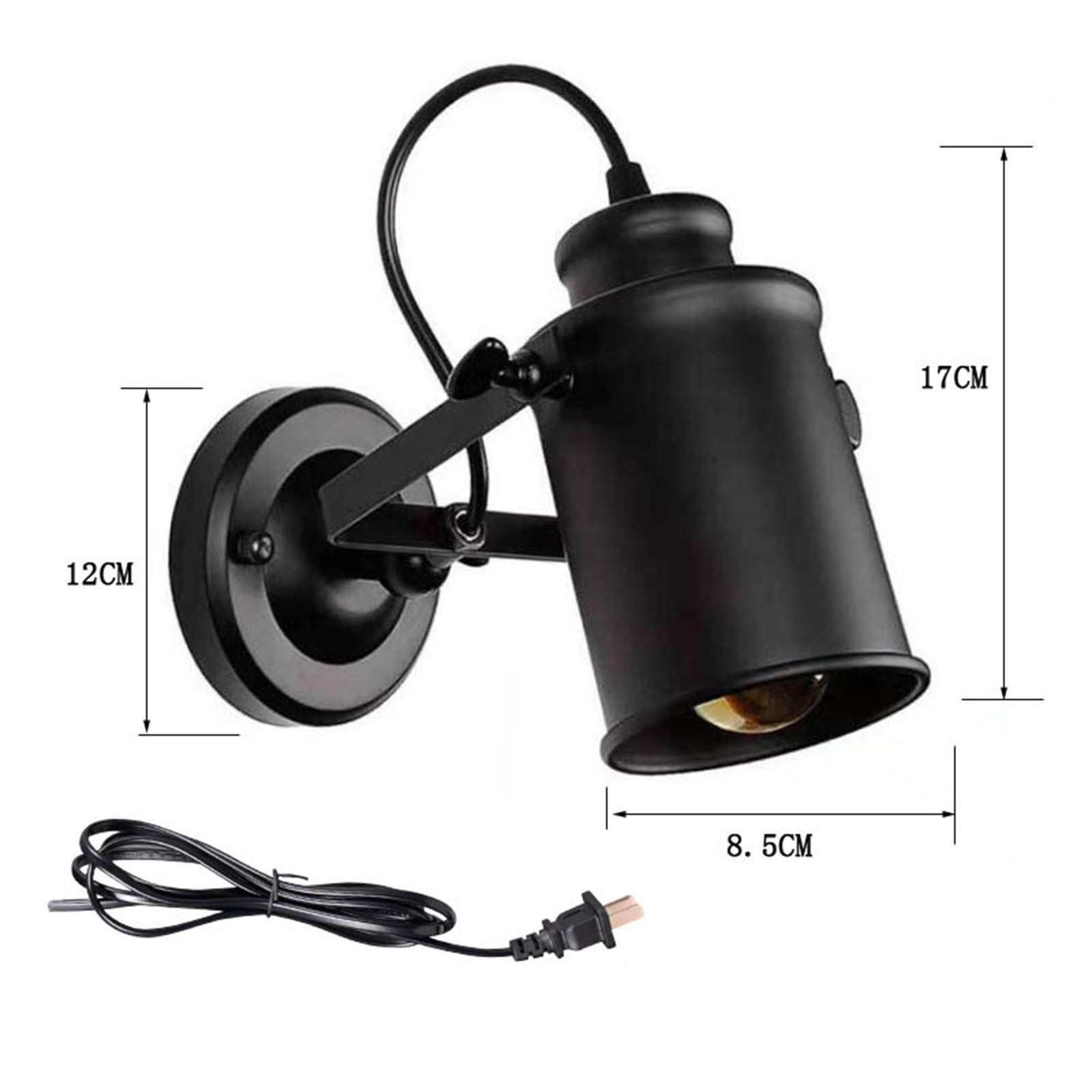 WXKAGF Lampade da Parete Industriali Nere con Interruttore, Lampade da Parete Vintage retrò per Camera da Letto con Spina, Lampada da Parete E27 per Interni Soggiorno con Cavo da 1,8 m e Illuminazione