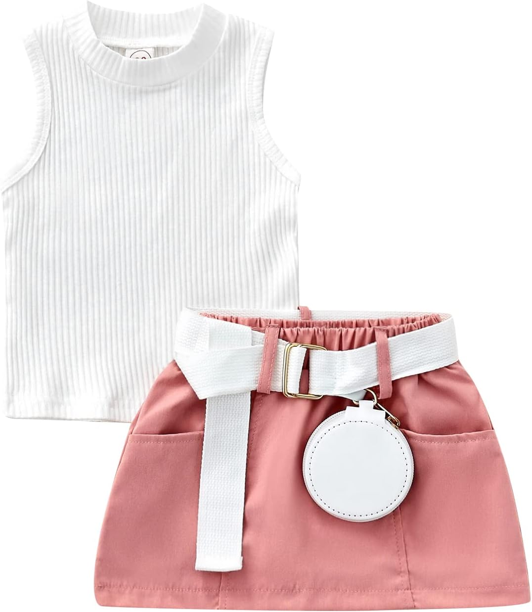 3PCS Infant Baby Girls Sleeveless Vest Rib Knit Shirt Tops + Side Pockets Skirts + Belt Bag Outfit Sets 3PCS Infant Baby Girls Sleeveless Vest Rib Knit Shirt Tops + Side Pockets Skirts + Belt Bag Outfit Sets