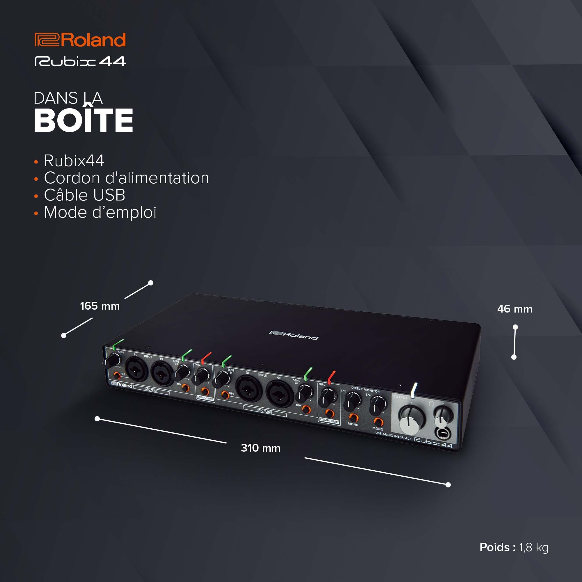 Interface audio USB Roland Rubix44 4 In-4 Out | Son haute résolution | Enregistrement de micros, guitares, claviers et autres | Compacte & robuste | Compatible Mac, PC & iPad