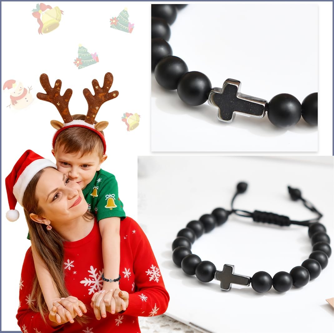 Lamyba Easter Gifts for Kids/Teens/Girls, Christian Natural Stone Beaded Bracelets, Easter Basket Stuffers Essentials, Adjustable Cross Bracelets, Blue/Black