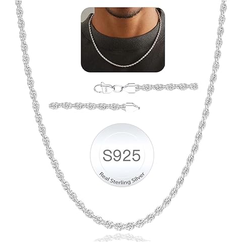 Avotto 925 Sterling Silver Solid 2.5mm 3mm Rope Chain Necklace for Men, Sturdy Non-Fading Mens Silver Chain Jewellery Gifts for Men 14/16/18/20/22/24 Inch