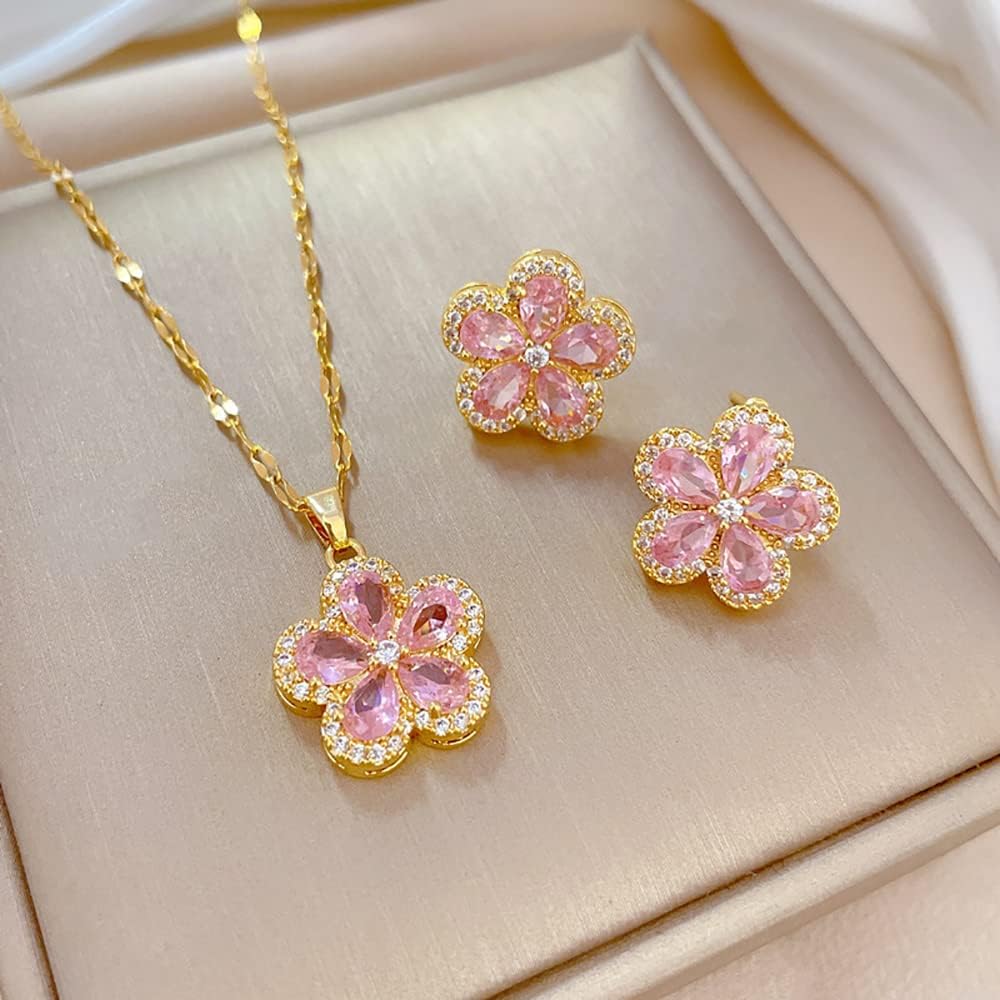 Delicate Zircon Flower Necklace Earrings Jewelry Set - 18K Gold Plated Stainless Steel Lip Chain Choker S925 Silver Needles Stud Earrings for Women, Luxury Accessories Gifts, Packed with Box - Image 2