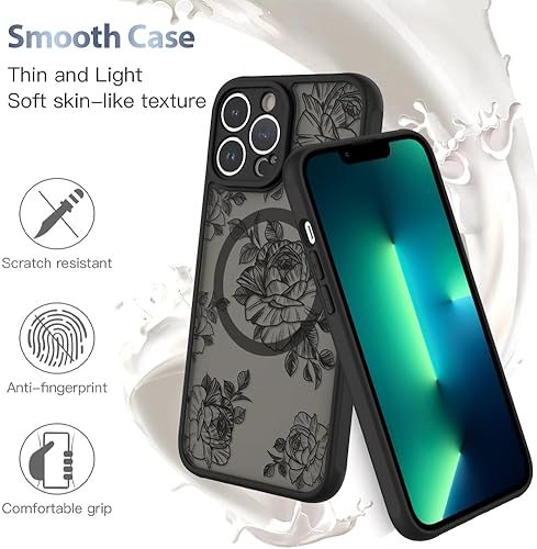 Miniatura 5 de AIGOMARA Funda para iPhone 13 Pro Max compatible con MagSafe Diseño de patrón floral de flores negras para mujeres y niñas, TPU suave, parte trasera