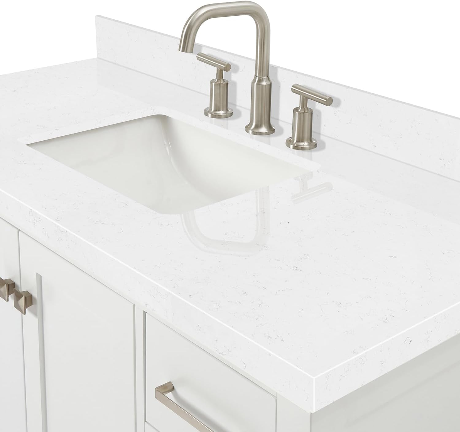 DKB Beckford 48-Inch Bathroom Vanity with Sink — White Single Sink Bathroom Vanity, 1.5" Edge Carrara White Quartz Countertop, Solid Wood, 2 Soft-Close Doors, 9 Dovetail Drawers
