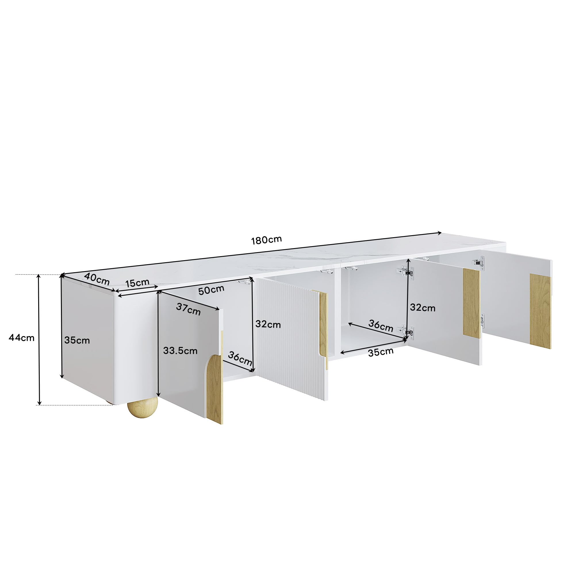 Mobile TV da 180 cm, bianco con 4 ante, design elegante, panchine per TV in superficie effetto marmo, piedini sferici in legno per soggiorno