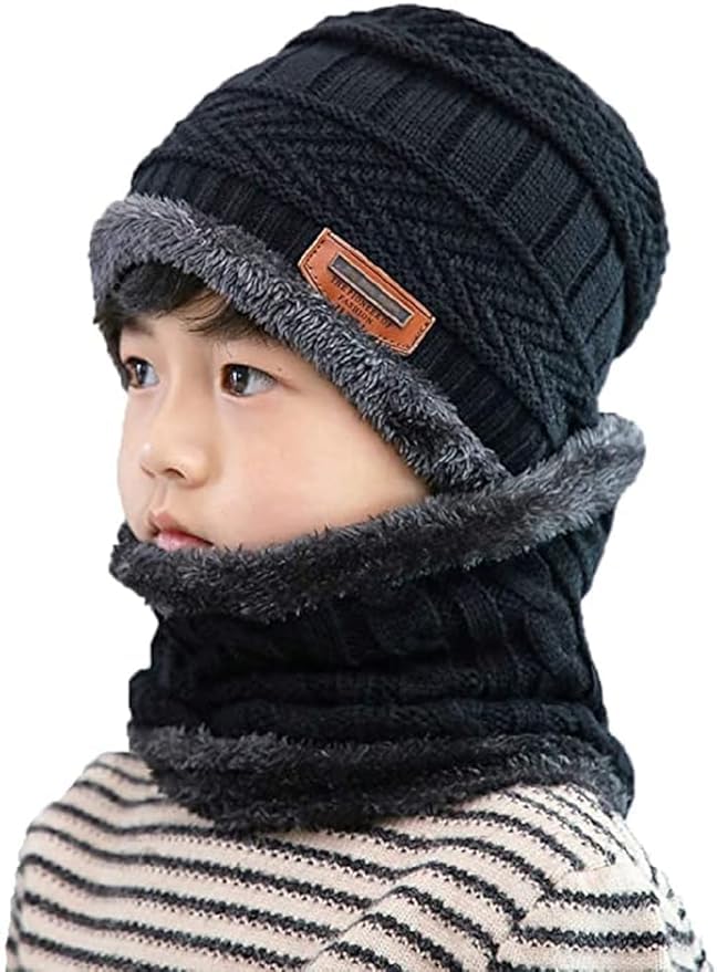 Image of Woolen Winter Cap with Neck Scarf for Boys and Girls /Kids Winter Cap (Age 5-14 Years)
